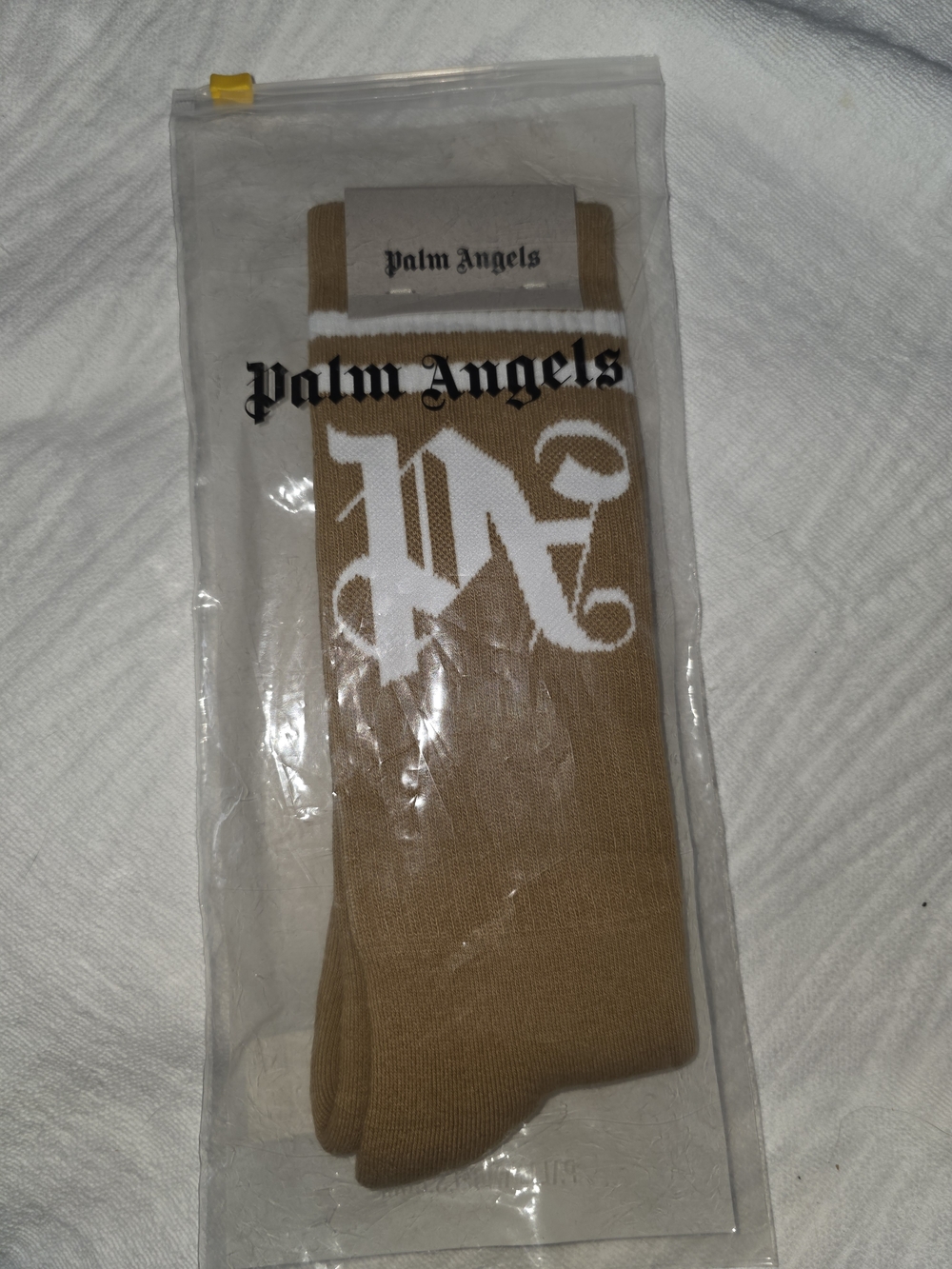 Palm Angels Tan Crew Socks with White Gothic Logo